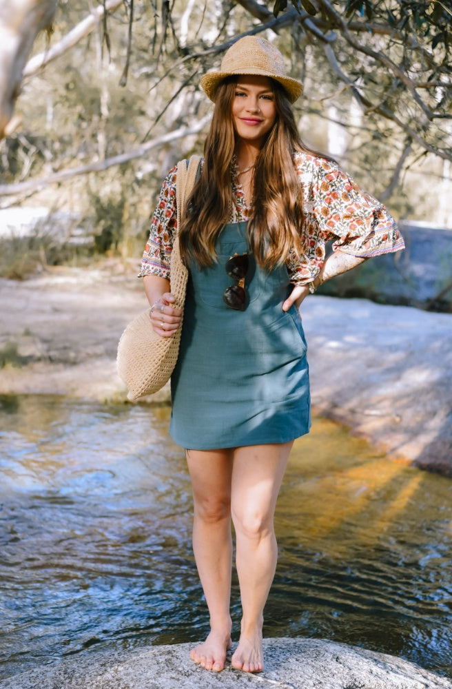 Gypsy Thread Pinafore Green front view cotton mini pinafore dress