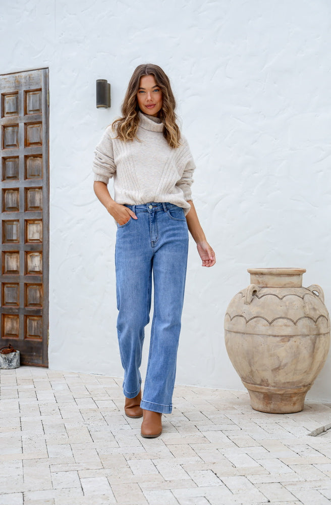 Horizon Line Denim Jeans front view high rise straight leg blue jeans