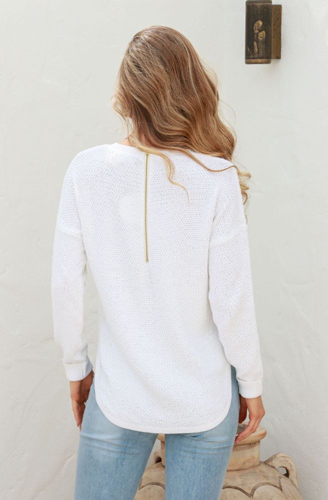 Textured Jumper White Gold Zip on Back, Rear View
