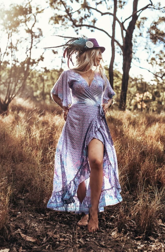 Indian Sari Combi Wrap Dress lilac boho print wrap dress flutter sleeves front view