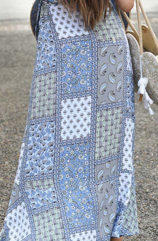 Indigo Mosaic Nymph Wrap Dress Close Up View