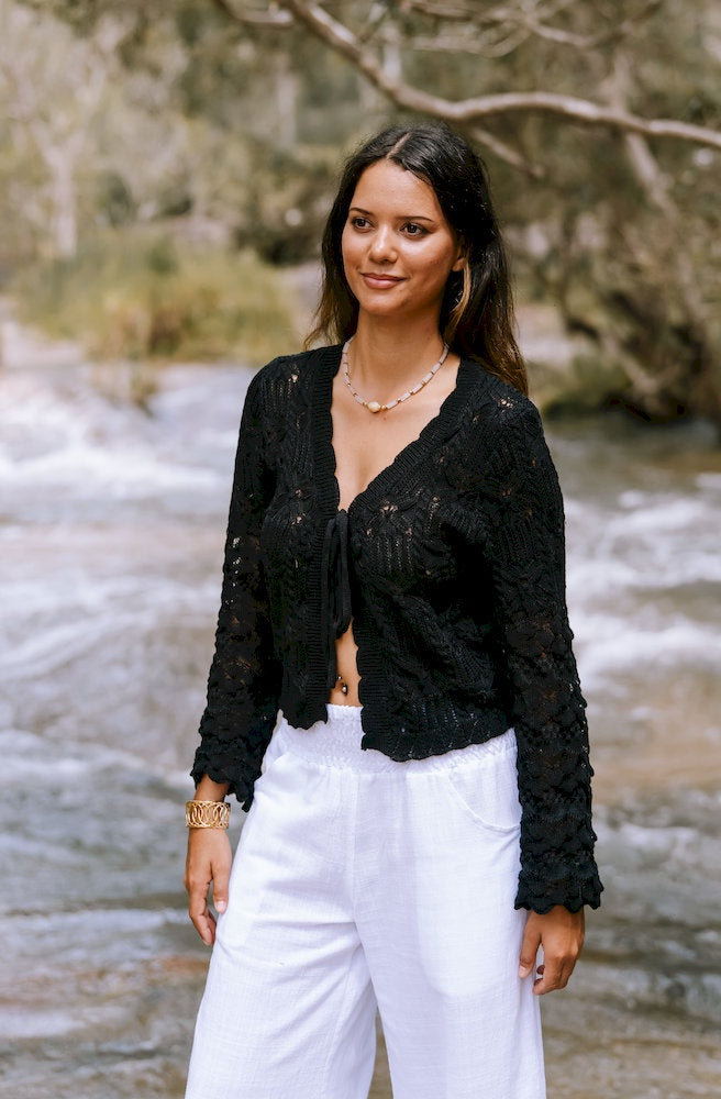 Isadora black crochet cardigan front view tie detail
