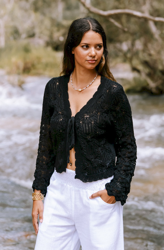 Isadora black cardigan close up crochet knit texture