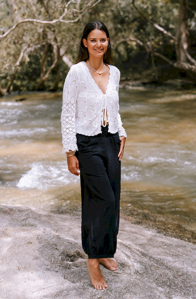 Isadora white crochet cardigan front tie boho knit