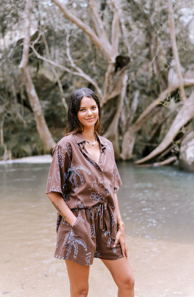 Island Dreamer Set Brown front view cotton shirt and shorts boho island print relaxed fit