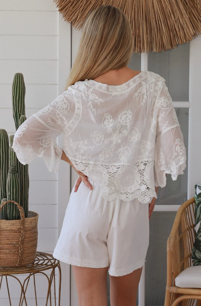 Back view of Ivory Daydream Lace Top with sheer embroidered cotton lace detailing