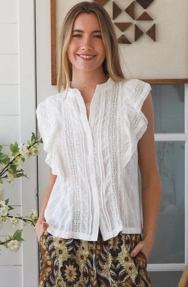 Ivory Lace Ruffle Top with vertical lace panels, button front and delicate shoulder ruffles.