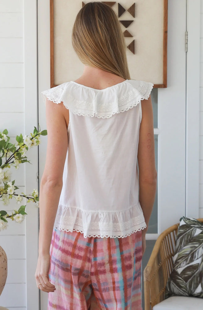 Back view of the Ivory Pleated Peplum Top showing flutter sleeves and layered lace detailing.