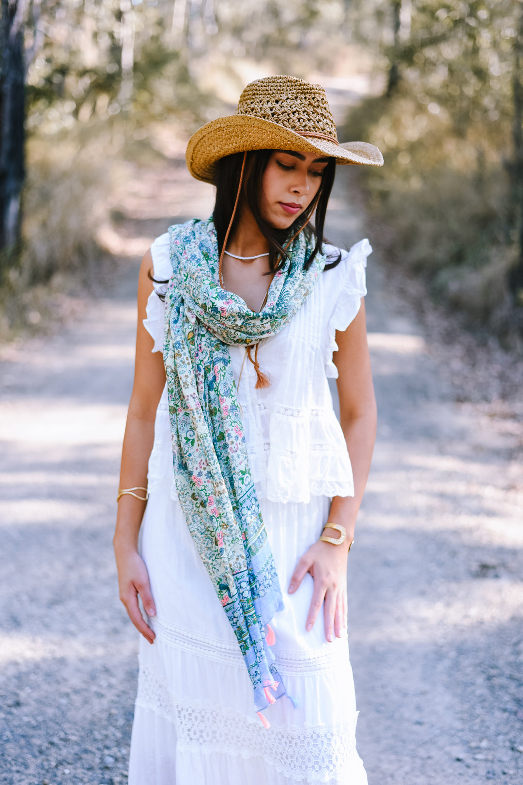 Close-up of the Mint Meadow Scarf showcasing its intricate botanical print in soft pastel and earthy tones.
