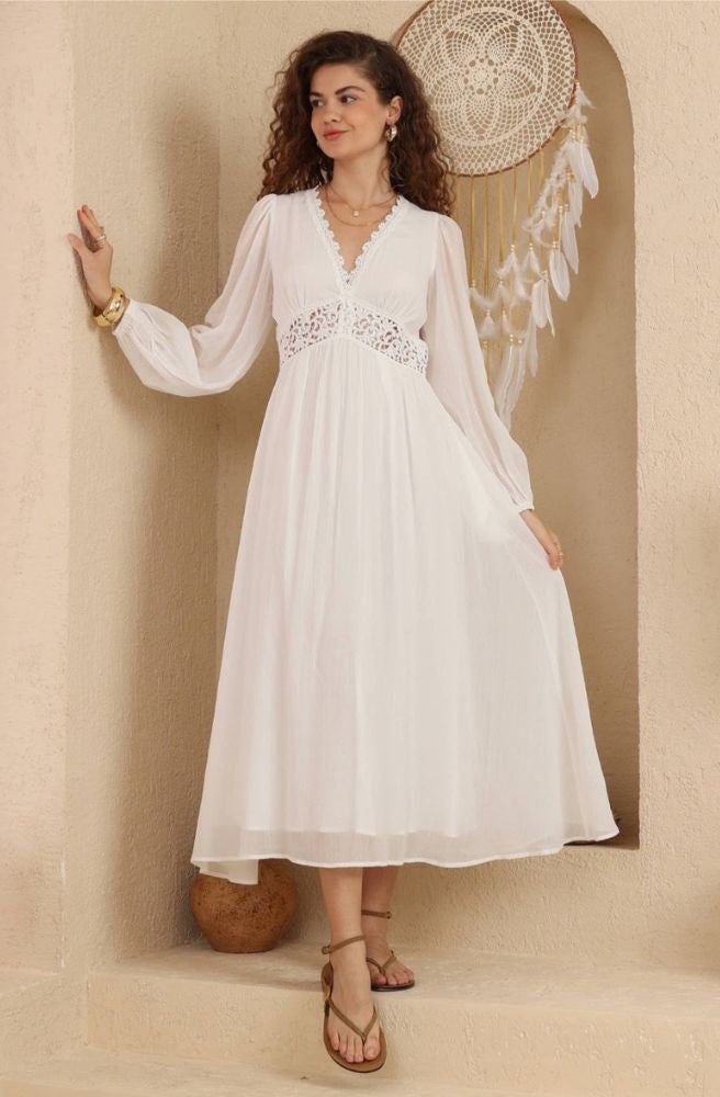 Ivory Whisper Maxi Dress with lace detailing and flowing cotton skirt
