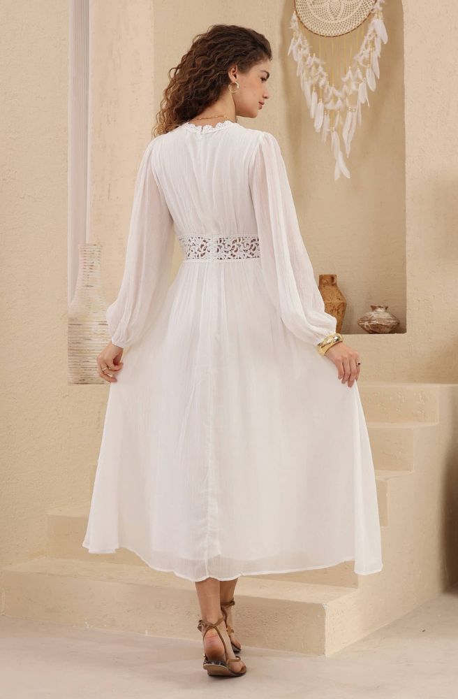 Ivory Whisper Maxi Dress styled with strappy sandals and bohemian accessories, back view