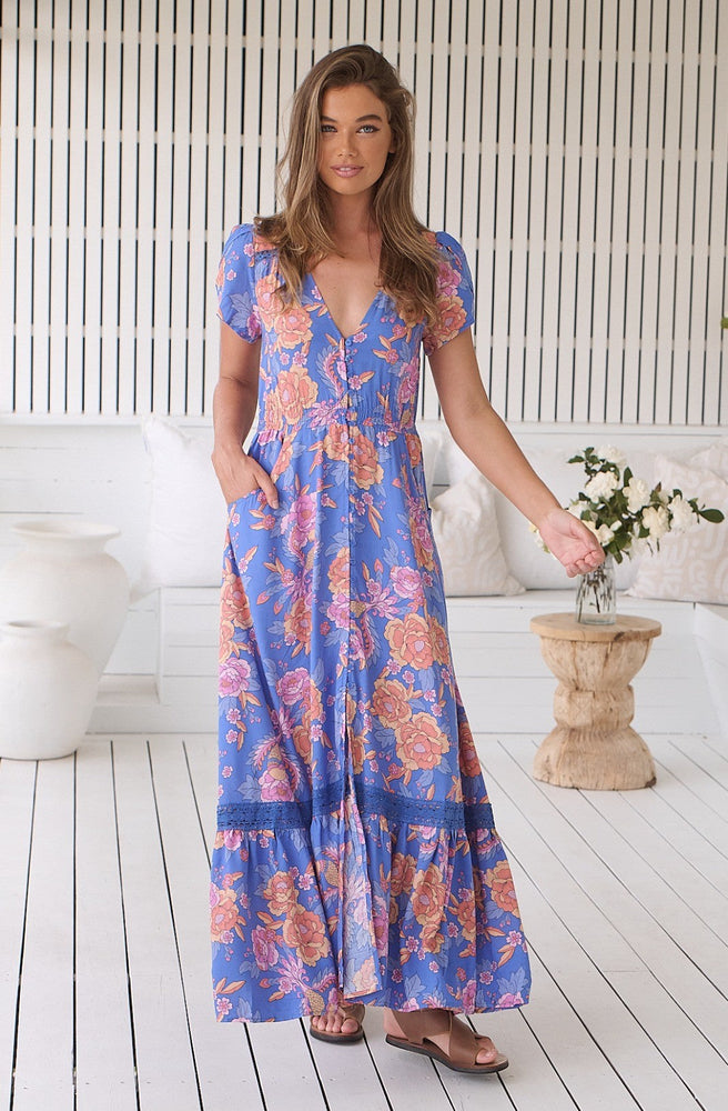 Jaase Glastonbury floral print Carmen maxi dress with button front and shirred waist