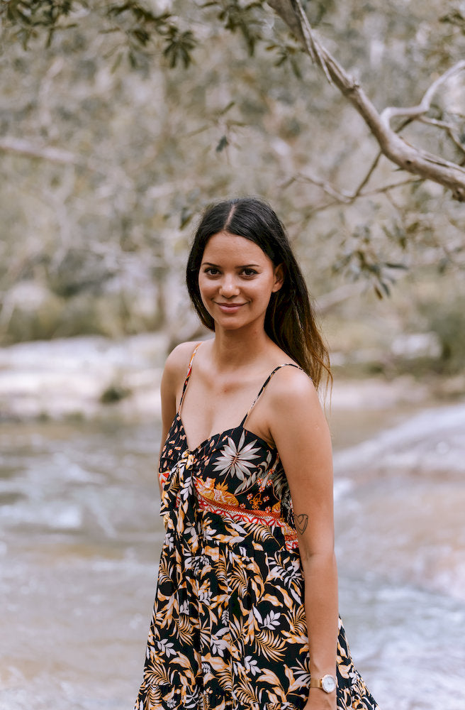 Jaase Jardin Bambi Maxi Dress close up Jardin floral fabric detail