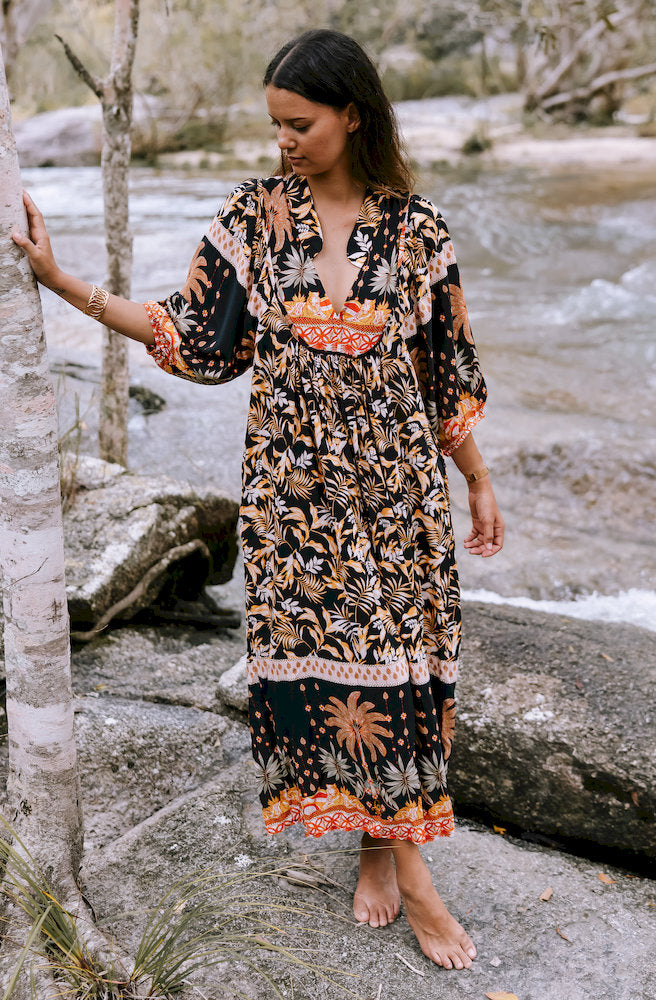 Jaase Jardin Boheme Midi Dress front view boho floral midi dress relaxed fit