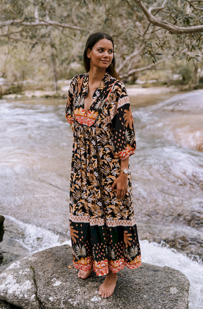 Jaase Jardin Boheme Midi Dress front view boho floral midi dress relaxed fit