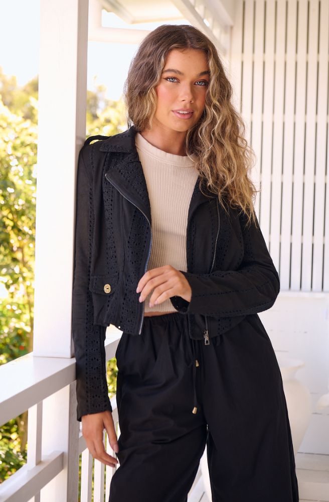 Jaase Jodi Jacket Black cropped faux suede jacket with broderie anglaise detailing and zip front