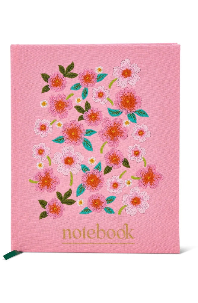 Journal – Notebook Meadow Blush featuring embroidered pink flowers on a pink fabric cover.