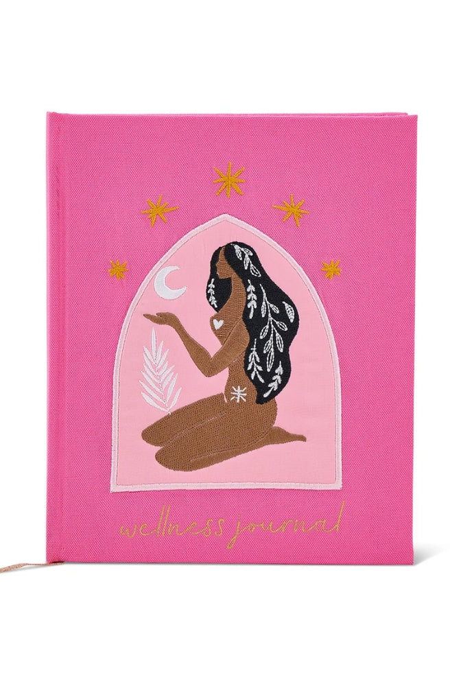 Close-up of the Journal – Wellness Woman embroidered cover and ribbon bookmark.