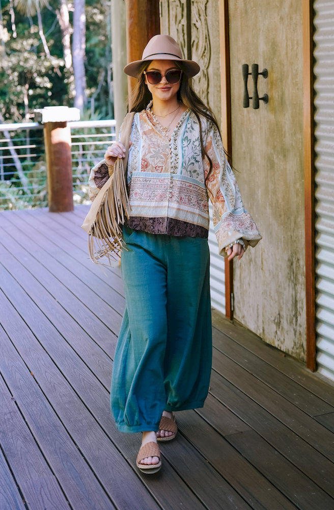 Kesh Pants Green lightweight textured cotton pants styled with top and woven slides