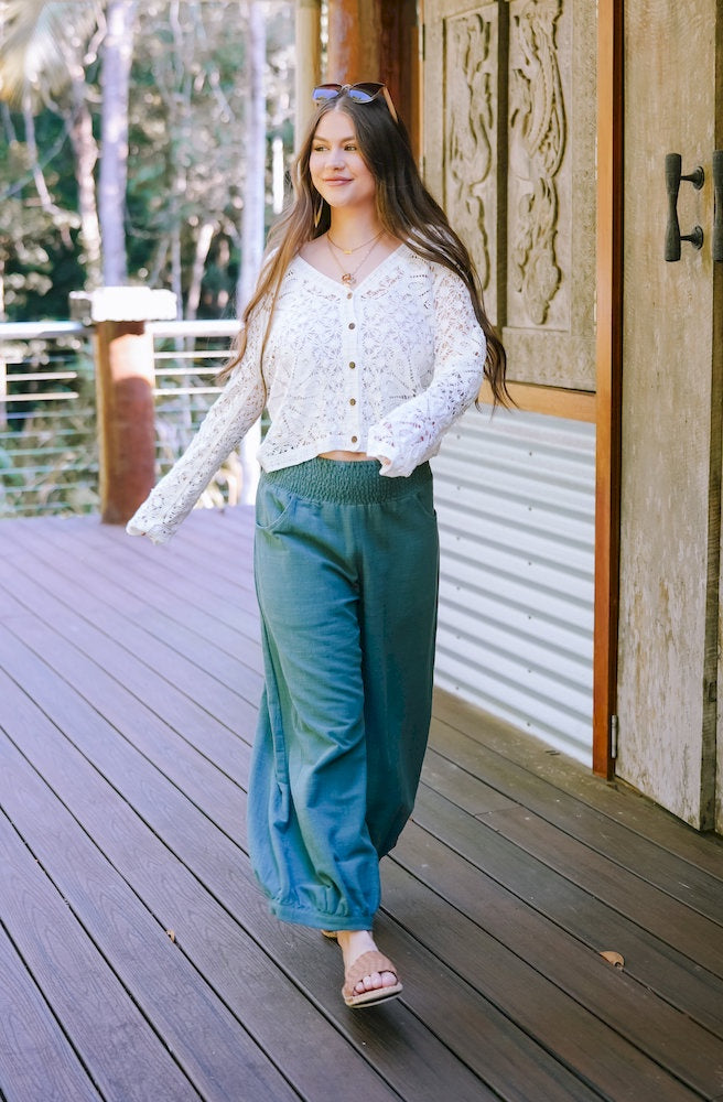 Kesh Pants Green relaxed wide-leg cotton pants with elastic waist and drawstring detail