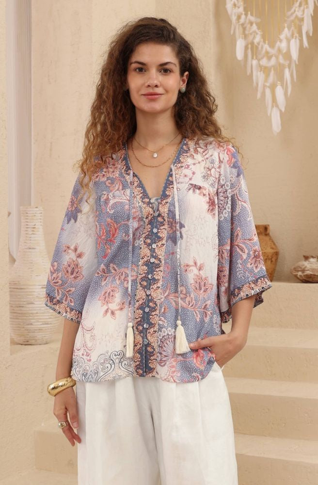 Lavender Blossom floral boho top with tassel tie neckline