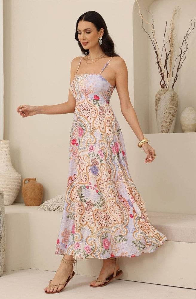 Lilac floral paisley maxi dress with pink flowers, gathered waist and adjustable spaghetti straps