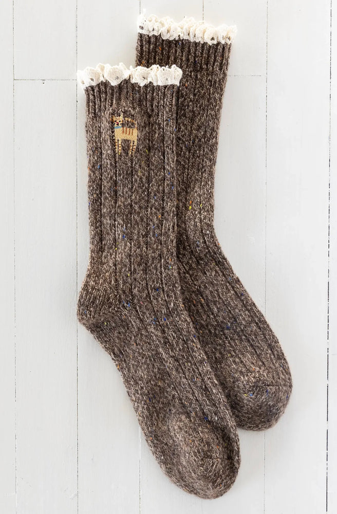 ittle Things Emb Sock Cat embroidered ribbed knit socks with lace trim