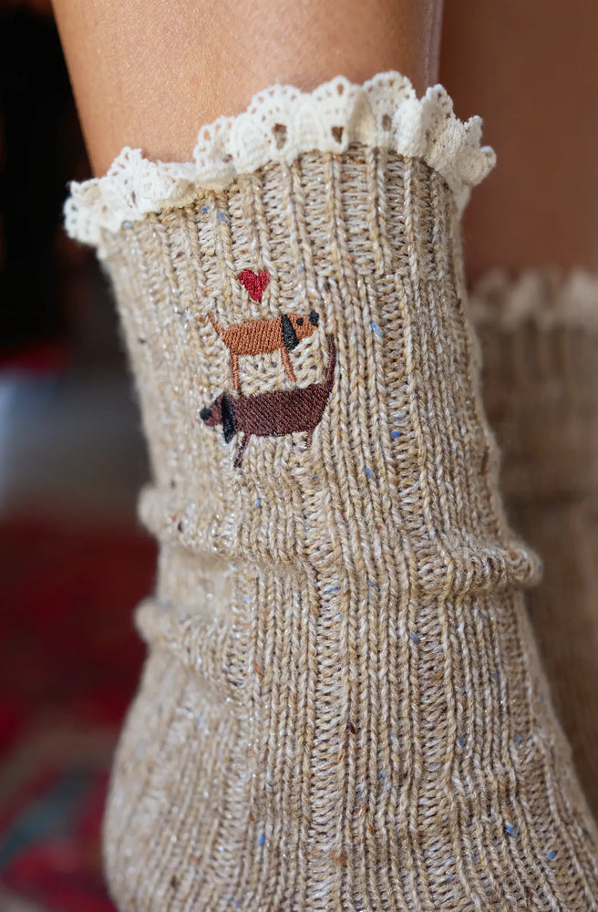 Little Things Emb Sock Dog women's knit socks with lace cuff and soft ribbed texture