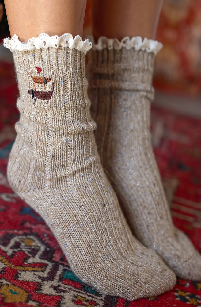 Little Things Emb Sock Dog embroidered ribbed knit socks with lace trim