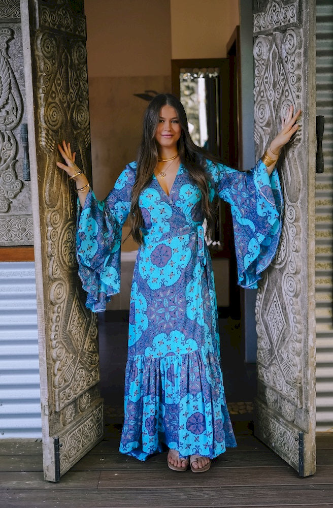 Lulu Print Combi Wrap Maxi Dress turquoise floral wrap dress with flutter sleeves and flowing maxi silhouette