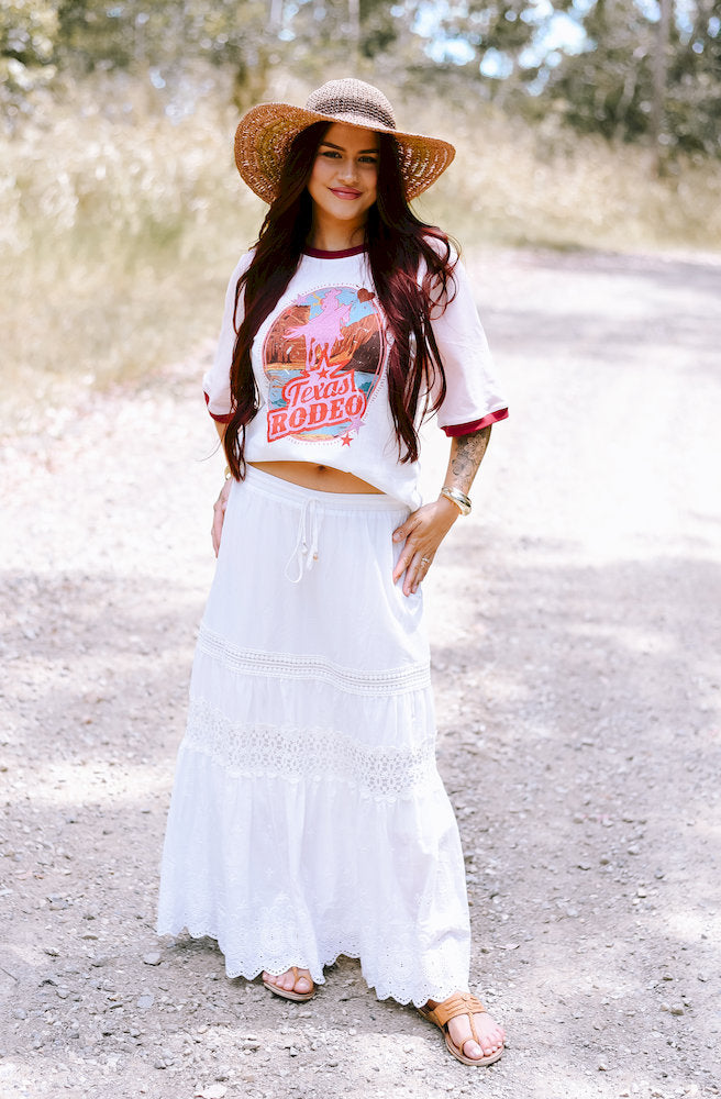 Luna Cotton Lace Long Skirt with an elasticated drawstring waist and knee-length rayon lining.