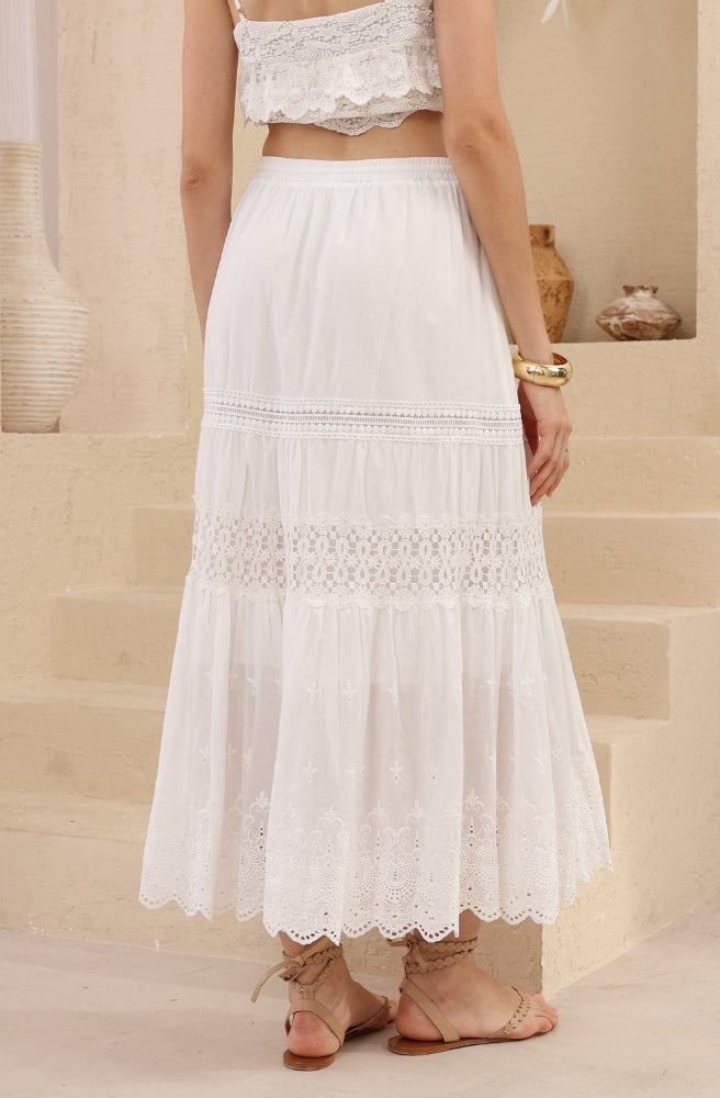 Luna Cotton Lace Long Skirt with an elasticated drawstring waist and knee-length rayon lining.