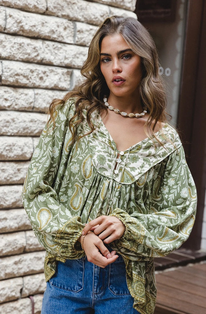 Marlo Arden Button Down Shirt featuring a vintage paisley print, relaxed fit, and contrast border detailing.