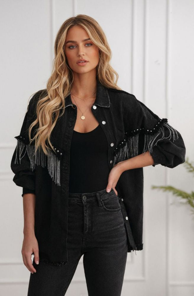 Midnight Cotton Denim Jacket front view black fringe denim jacket