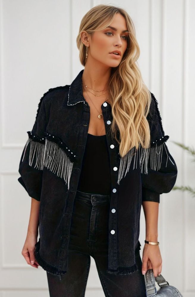 Midnight Cotton Denim Jacket side view studded fringe detail jacket