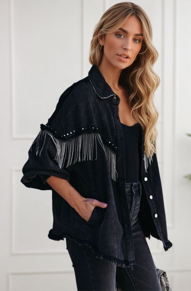 Midnight Cotton Denim Jacket close up fringe stud shoulder detail