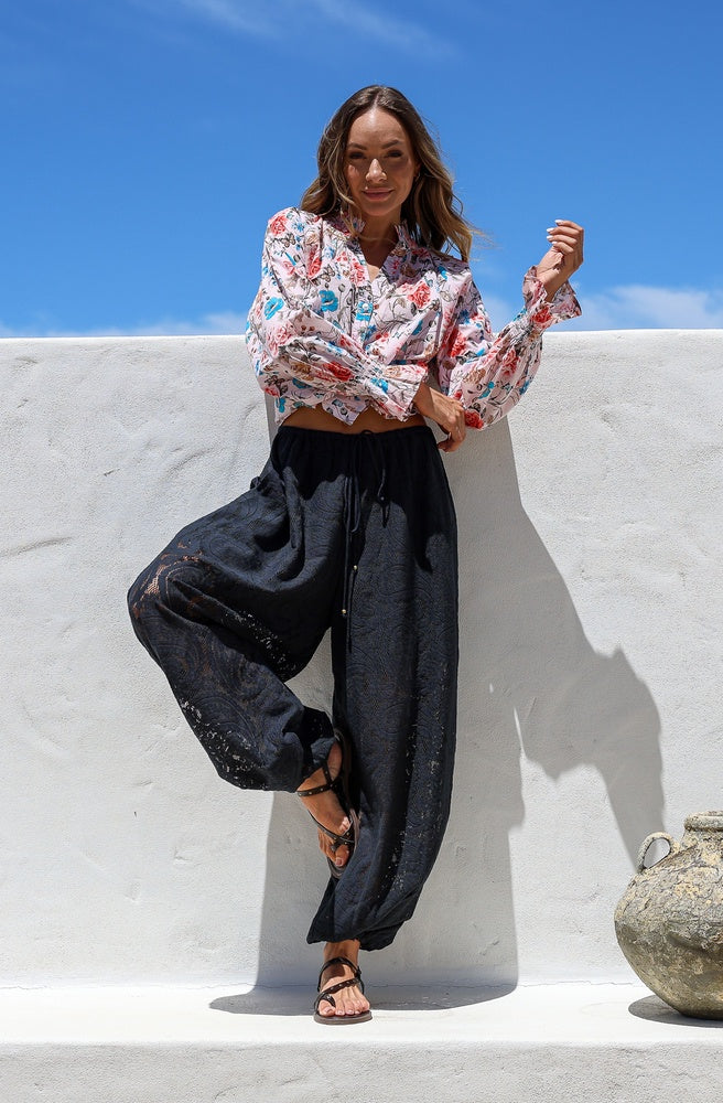 Midnight Drift Barrel Pants black lace barrel pants with relaxed fit, drawstring waist and side pockets