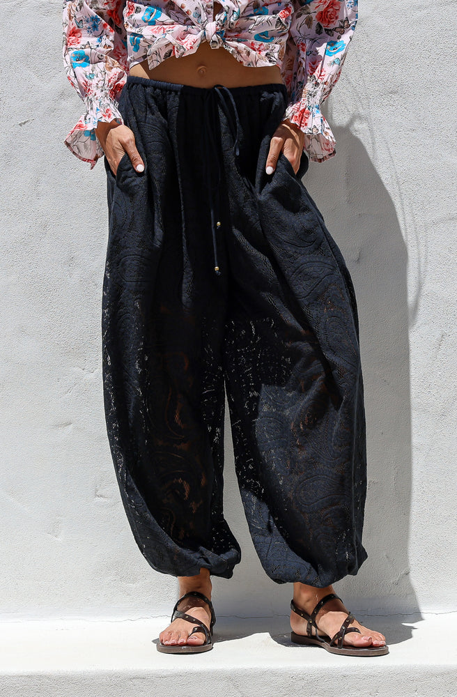 Midnight Drift Barrel Pants textured black boho pants with barrel silhouette and lightweight drape