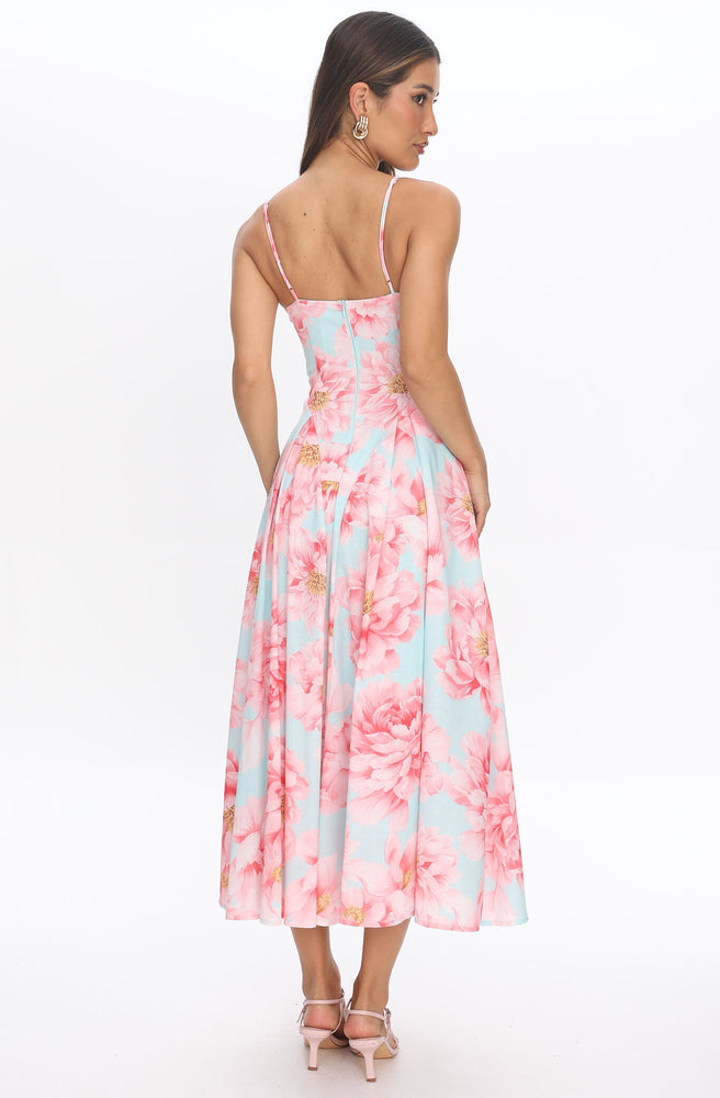 Back view of Tonketti Mint Peony slip maxi dress with adjustable straps and pink peony floral print.