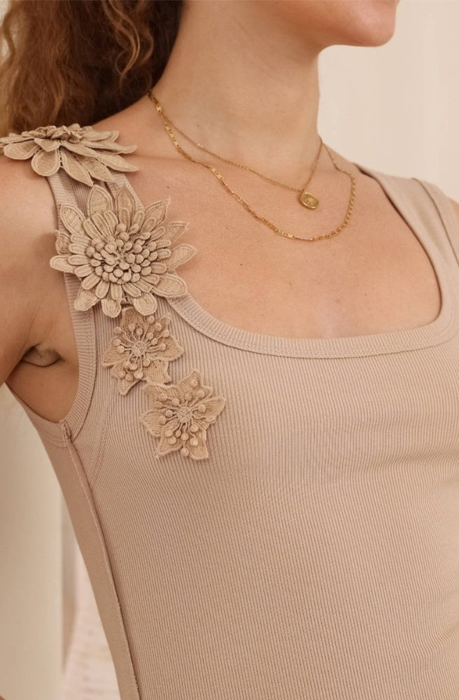 Mocha Bloom Tank with floral shoulder and fitted ribbed silhouette