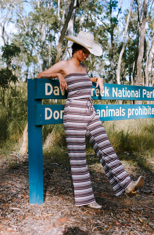 Mocha Coast Pants Set front view striped bandeau top and pants