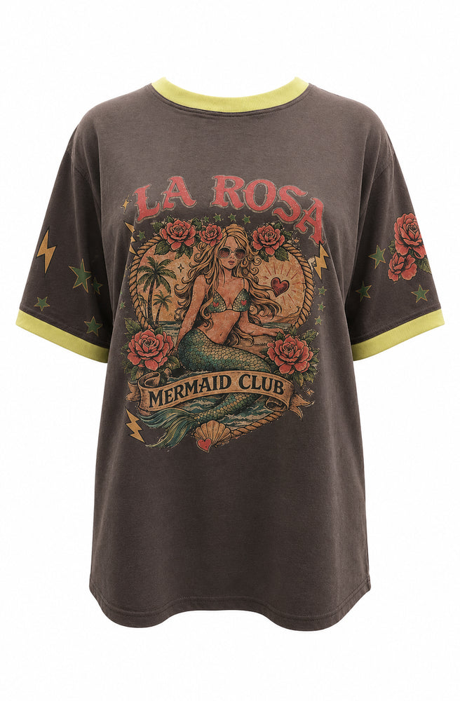Mocha La Rosa graphic T-shirt with contrast yellow ribbed neckline and cuffs