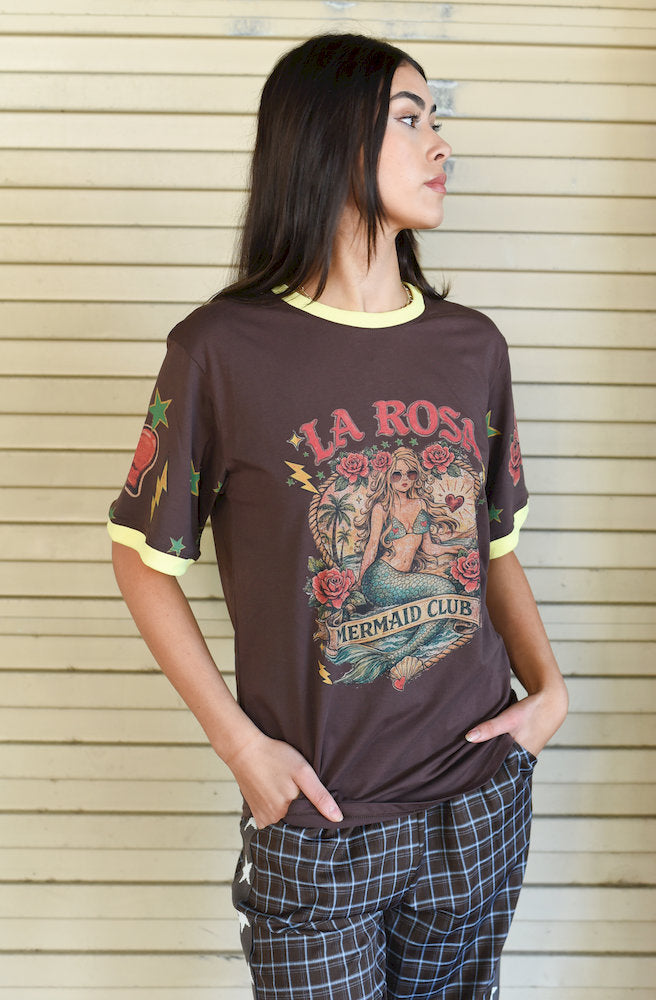 Mocha La Rosa oversized cotton tee with vintage Mermaid Club graphic