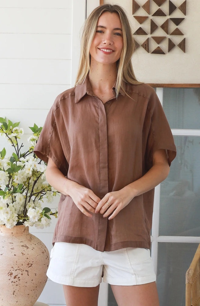 Mocha Relaxed Button Top with a classic collar, concealed button front and relaxed short sleeves.