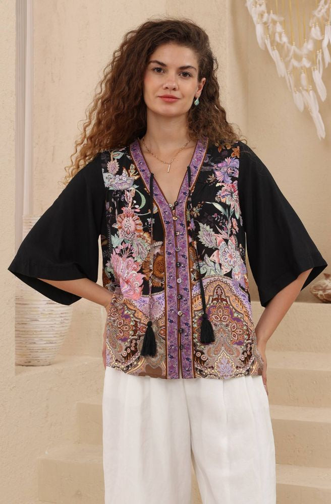 Moonlit Bloom Top with floral paisley print and tassel neckline