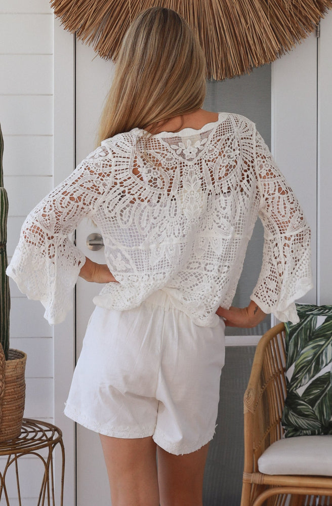 Back view of Moonlit Boheme Crochet Top with intricate crochet lace detailing