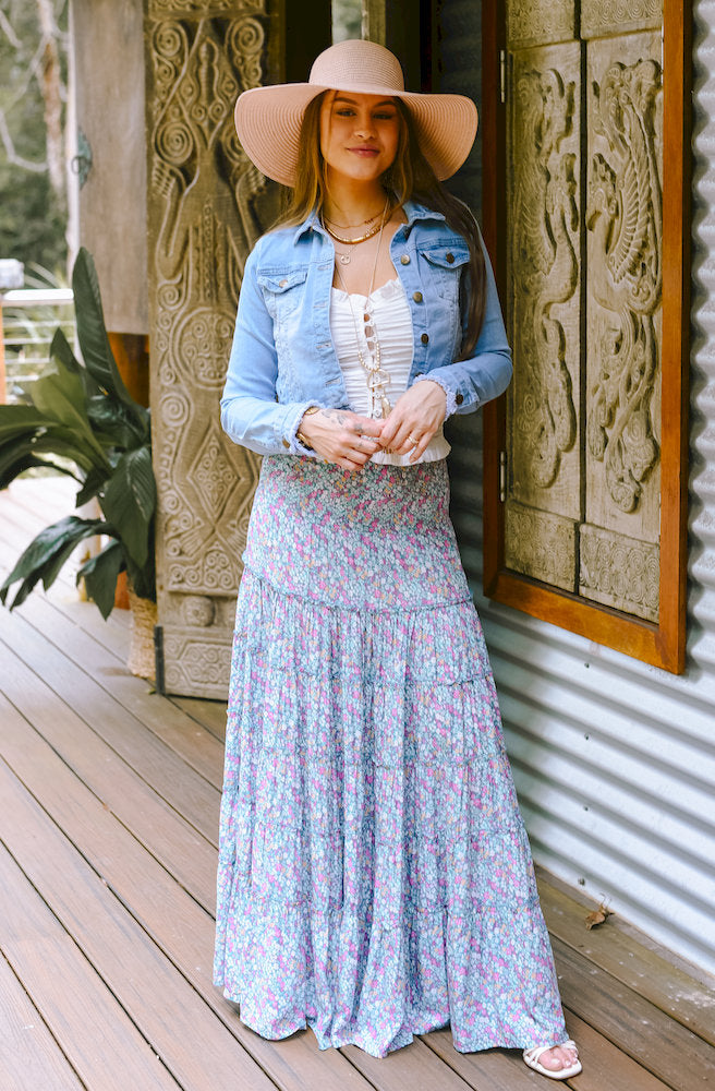 Olive Flower Aline Skirt floral maxi skirt front with denim jacket