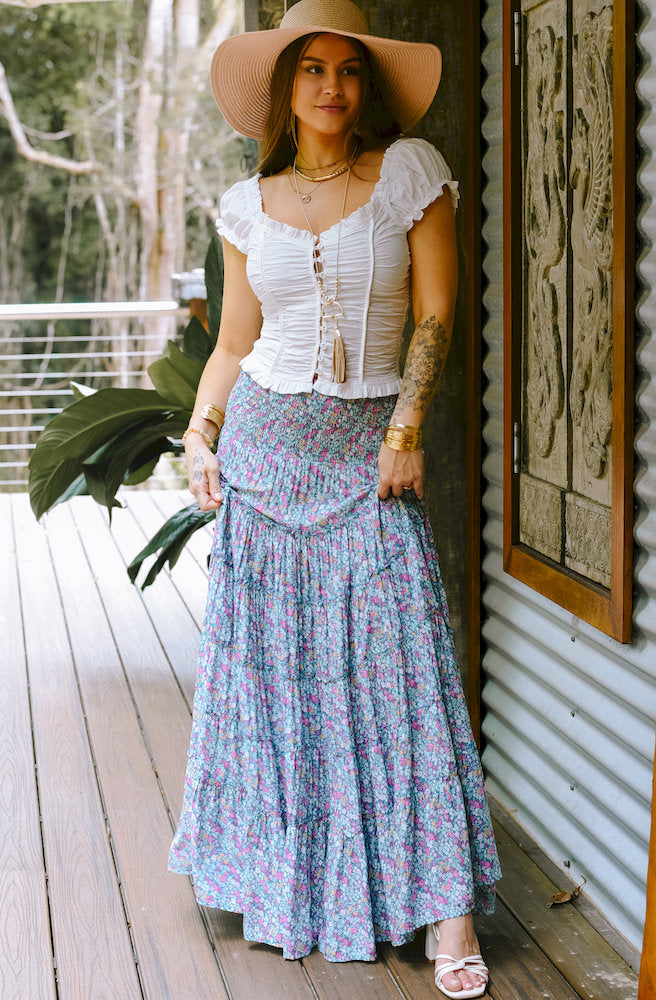 Olive Flower Aline Skirt floral maxi skirt front with blouse