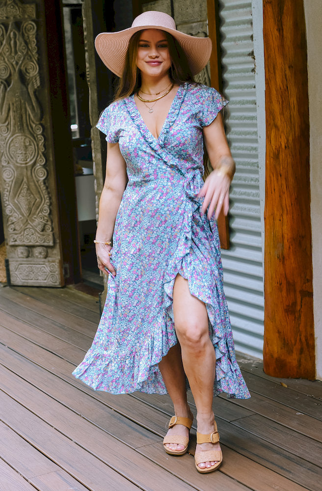 Olive Flower Bettle Wrap Dress floral wrap dress front