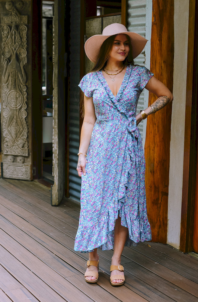 Olive Flower Bettle Wrap Dress floral wrap dress front